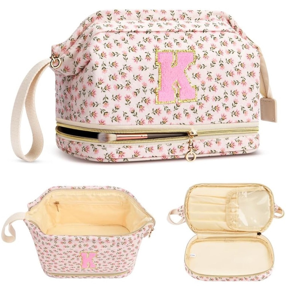 Letter K Floral Pink Monogrammed Cosmetic Bag